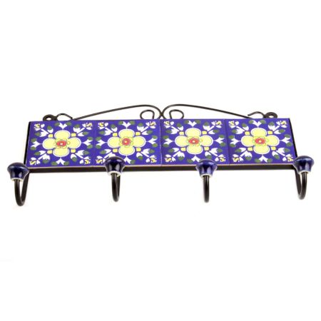 Navy Blue Yellow Flower Tiles Hooks 